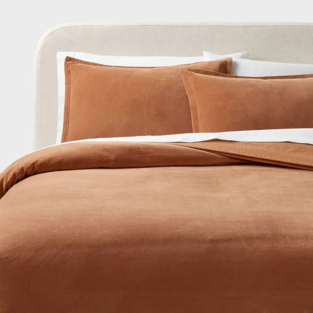 Full/Queen Machine Washable Cotton Velvet Duvet Cover & Sham Set - Camel